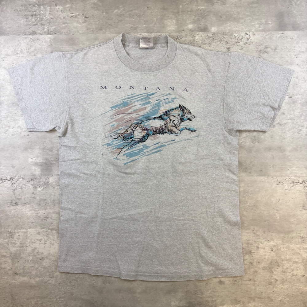 Vintage Oneita Power-T Montana Wolf Graphic T-Shirt Gray Single Stitch Medium